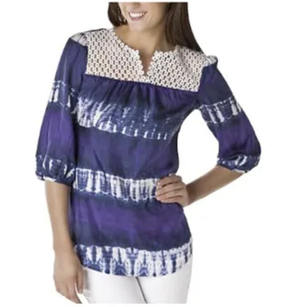 Calypso St. Barth Target Purple Blue Striped Silk Lace Detail Pullover Large